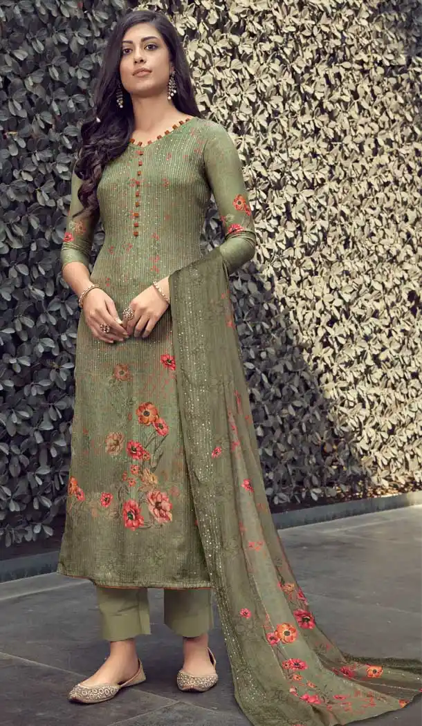 Olive Green Color Pure Muslin Digital Printed Work Evening Wear Dresses -517121891