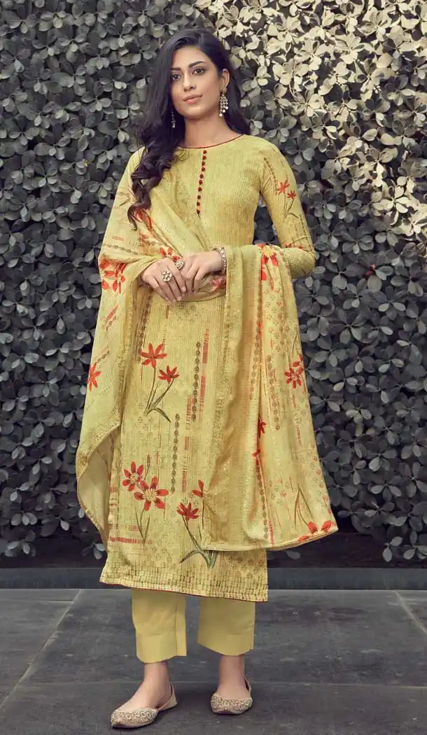Light Yellow Color Pure Muslin Digital Printed Work Evening Wear Dresses -517121892