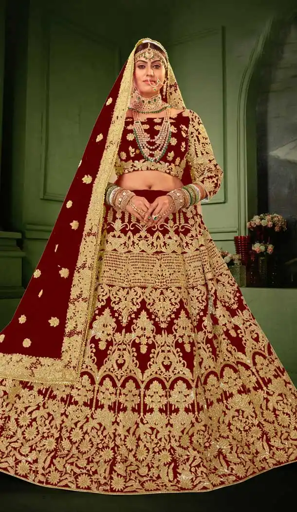 Maroon Color Heavy Velvet Heavy Designer Bridal Wear Lehenga Choli -529122001