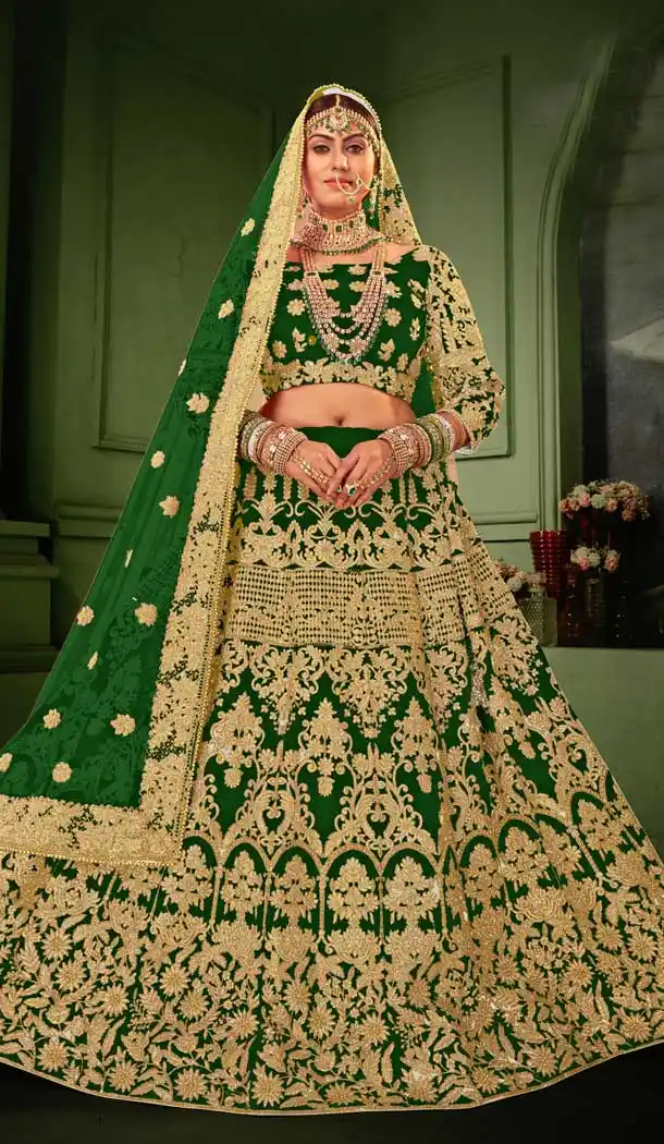 Green Color Heavy Velvet Heavy Designer Bridal Wear Lehenga Choli -529122004
