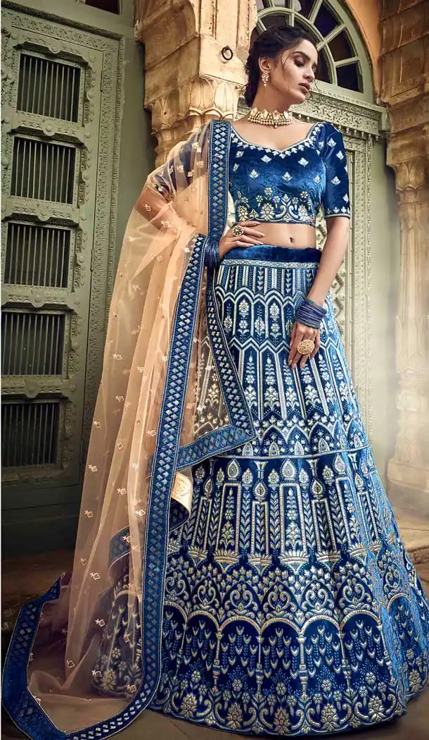 Blue Color Velvet Heavy Designer Bridal Wedding Wear Lehenga Choli -536122031