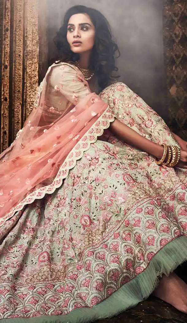 Pista Green Color Georgette Heavy Designer Bridal Wedding Wear Lehenga Choli -536122032