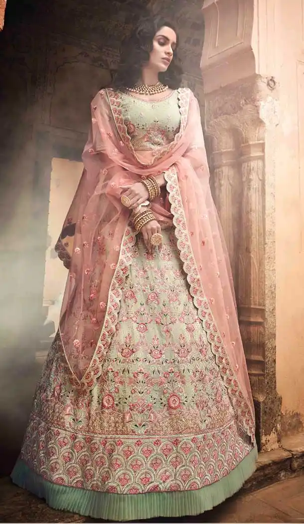 Pista Green Color Georgette Heavy Designer Bridal Wedding Wear Lehenga Choli -536122032
