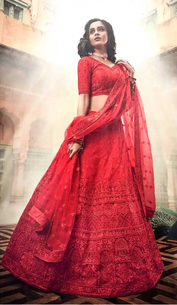 Red Color Soft Net Heavy Designer Bridal Wedding Wear Lehenga Choli -536122033