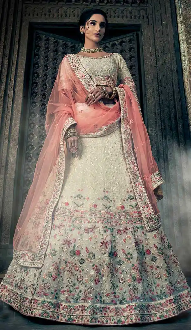 Off White Color Georgette Heavy Designer Bridal Wedding Wear Lehenga Choli -536122034