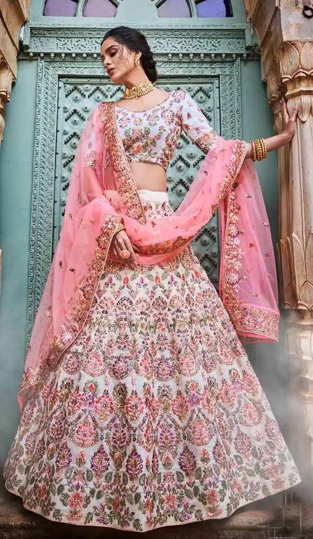 White Color Georgette Heavy Designer Bridal Wedding Wear Lehenga Choli -536122035