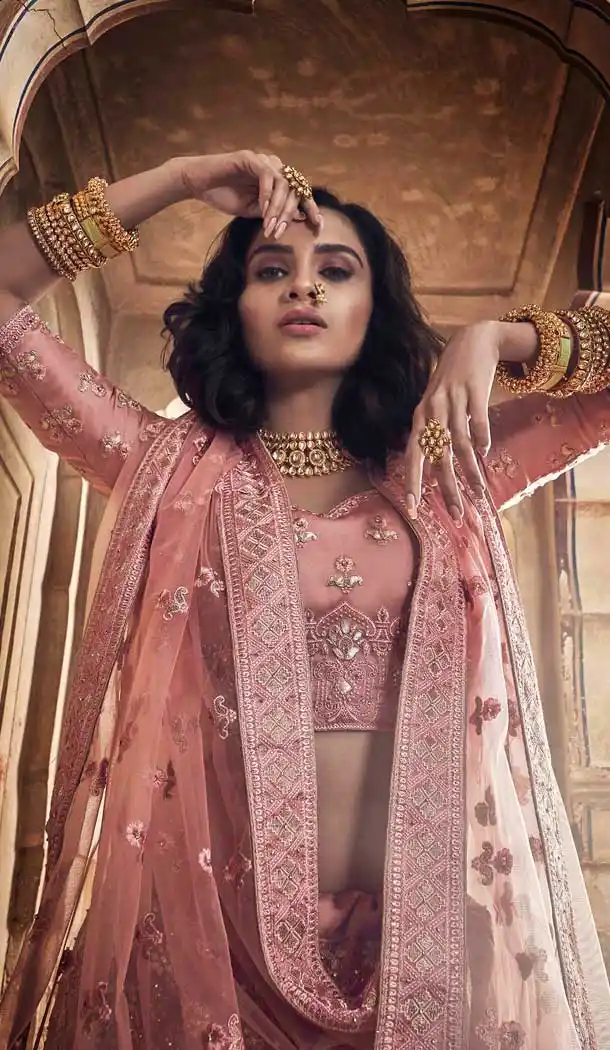 Salmon Pink Color Satin Heavy Designer Bridal Wedding Wear Lehenga Choli -536122036
