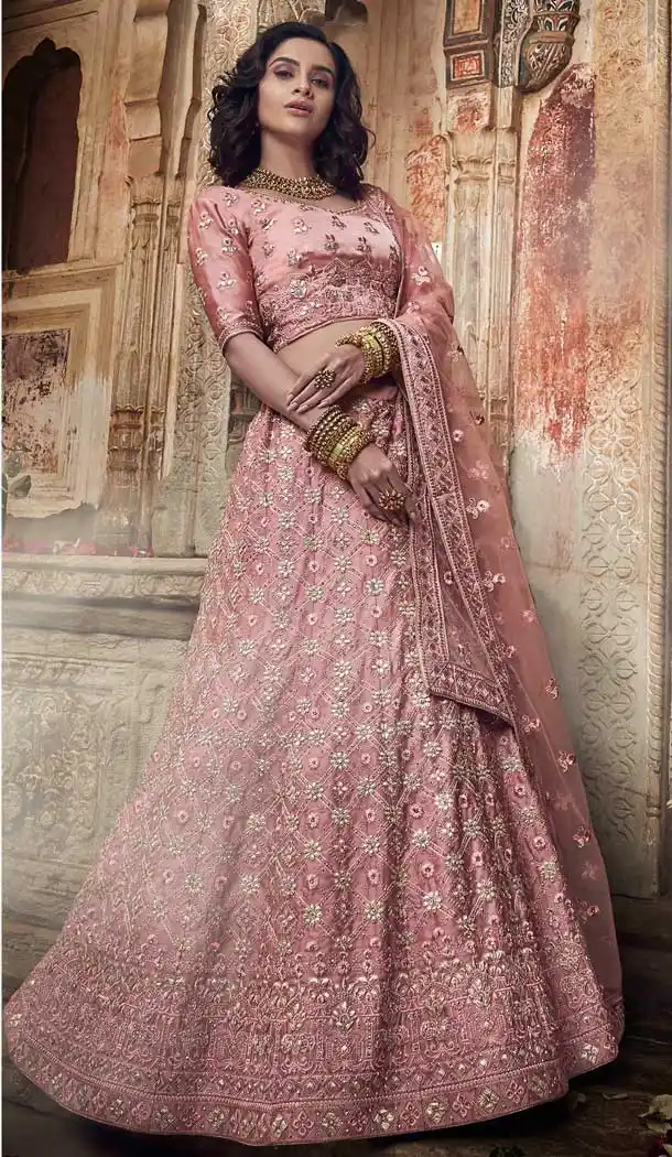 Salmon Pink Color Satin Heavy Designer Bridal Wedding Wear Lehenga Choli -536122036
