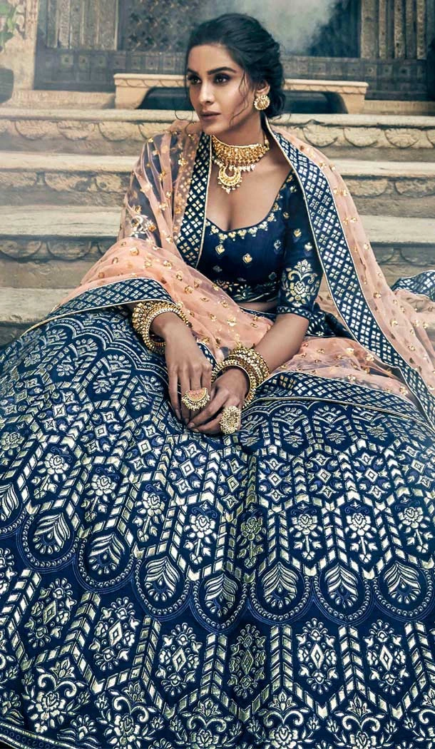 Navy Blue Color Art Silk Heavy Designer Bridal Wedding Wear Lehenga Choli -536122039