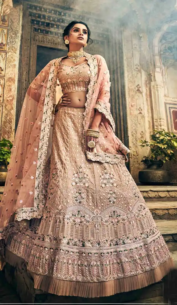 Rose Taupe Color Georgette Heavy Designer Bridal Wedding Wear Lehenga Choli -536122042