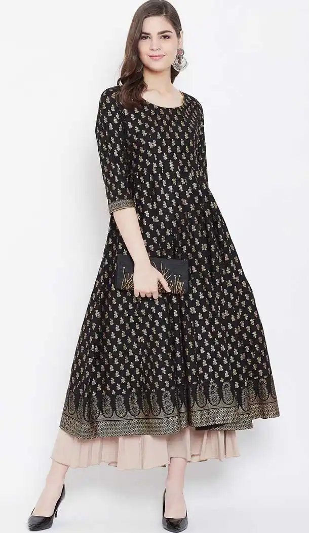 Black Color Cotton Designer Party Wear Readymade Aanarkali Kurti -540122077