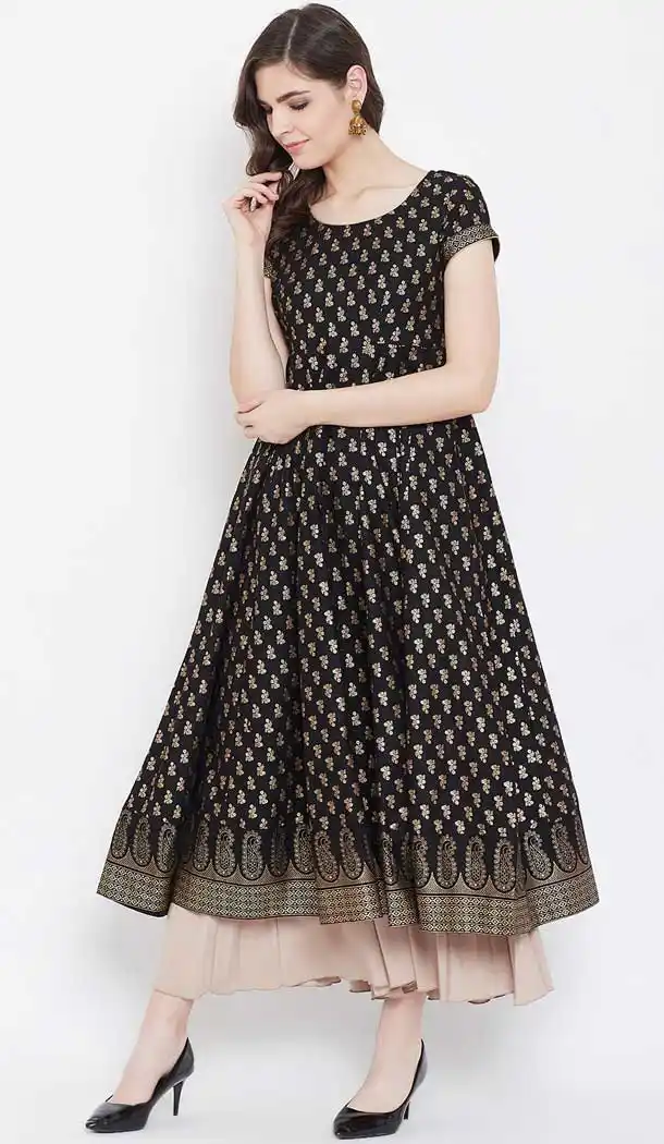 Classy Black Color Cotton Designer Party Wear Readymade Aanarkali Kurti -540122078
