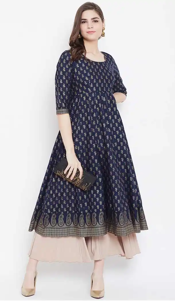 Classy Blue Color Cotton Designer Party Wear Readymade Aanarkali Kurti -540122079