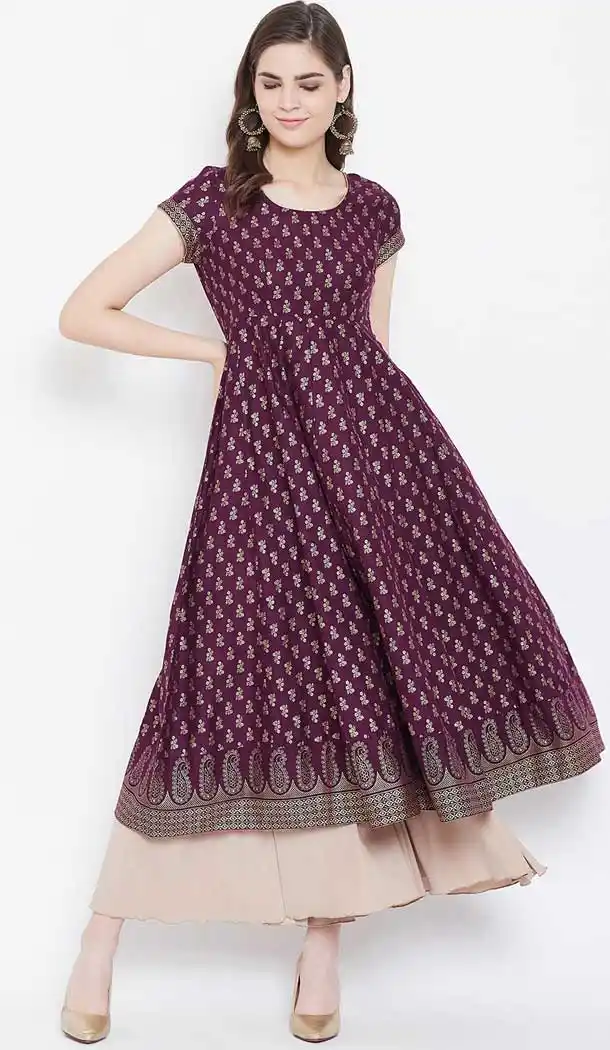 Charming Purple Color Cotton Designer Party Wear Readymade Aanarkali Kurti -540122084
