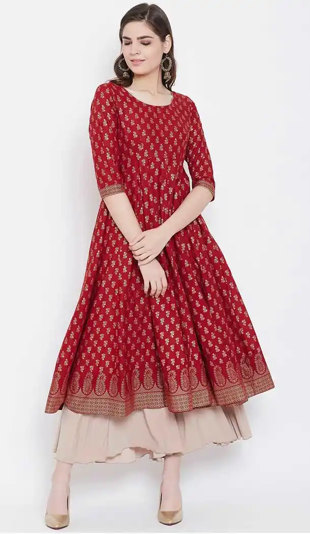 Ethnic Red Color Cotton Designer Party Wear Readymade Aanarkali Kurti -540122085