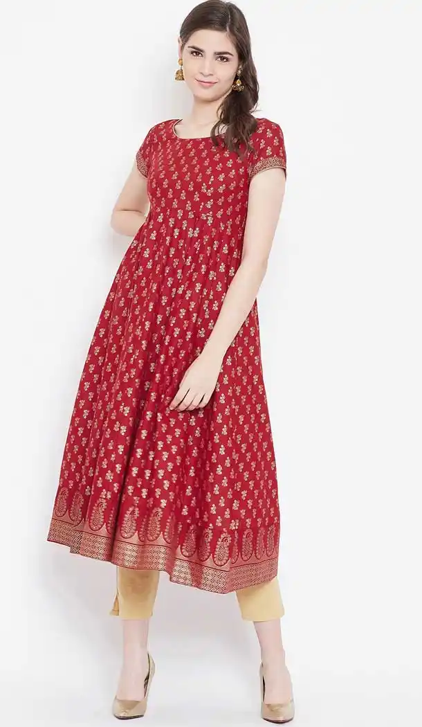 Charming Red Color Cotton Designer Party Wear Readymade Aanarkali Kurti -540122086