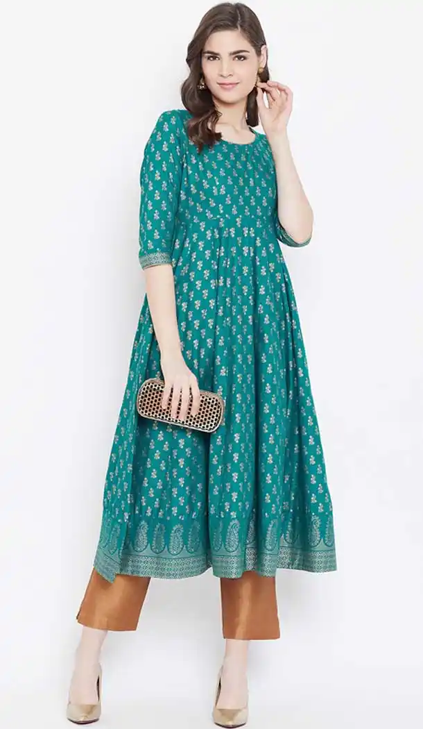 Turquoise Color Cotton Designer Party Wear Readymade Aanarkali Kurti -540122087