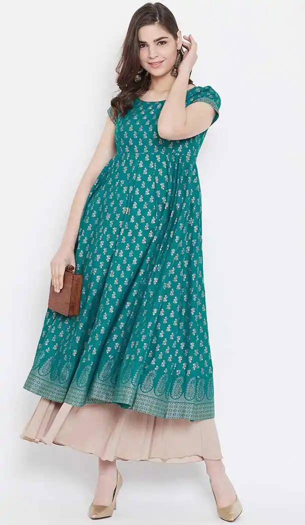 Alluring Turquoise Color Cotton Designer Party Wear Readymade Aanarkali Kurti -540122088