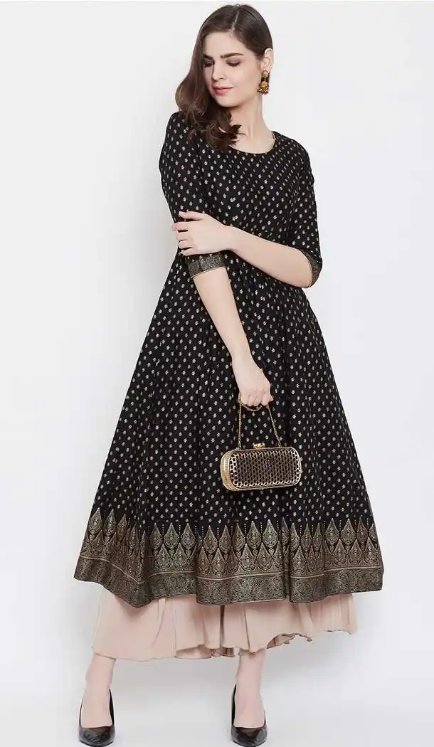 Alluring Black Color Cotton Designer Party Wear Readymade Aanarkali Kurti -540122091