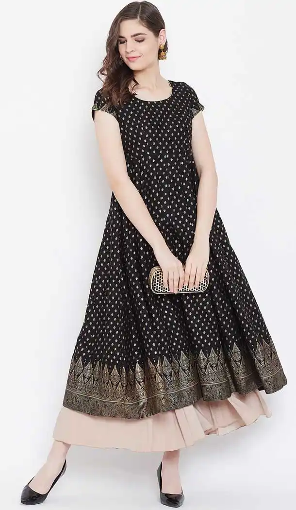 Classy Black Color Cotton Designer Party Wear Readymade Aanarkali Kurti -540122092