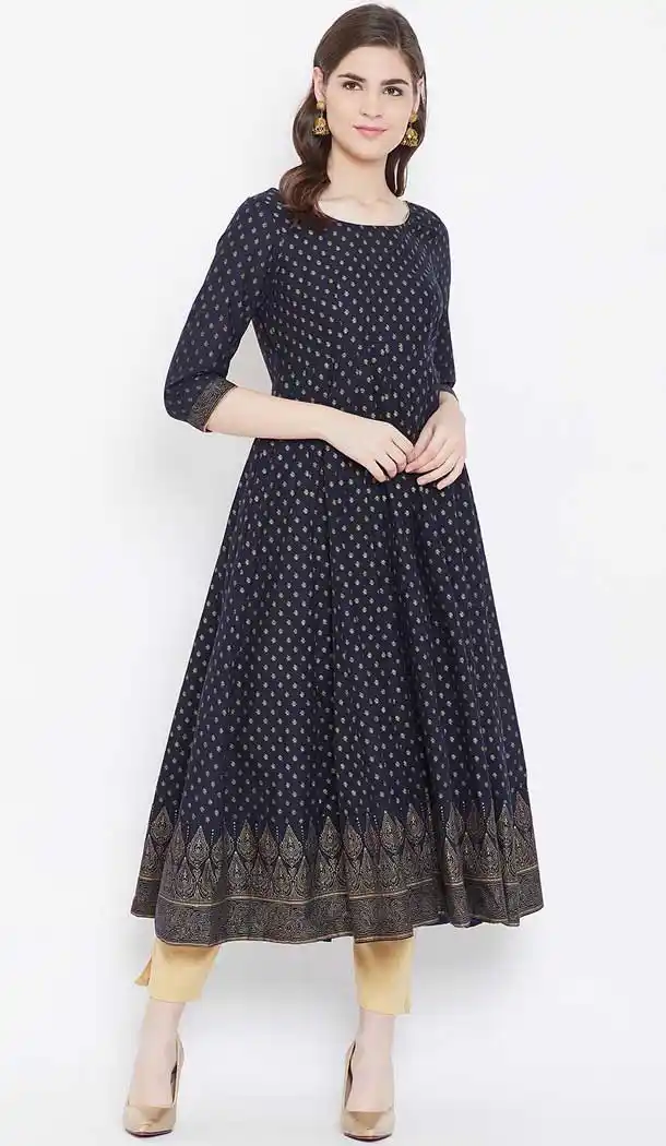 Navy Blue Color Cotton Designer Party Wear Readymade Aanarkali Kurti -540122093