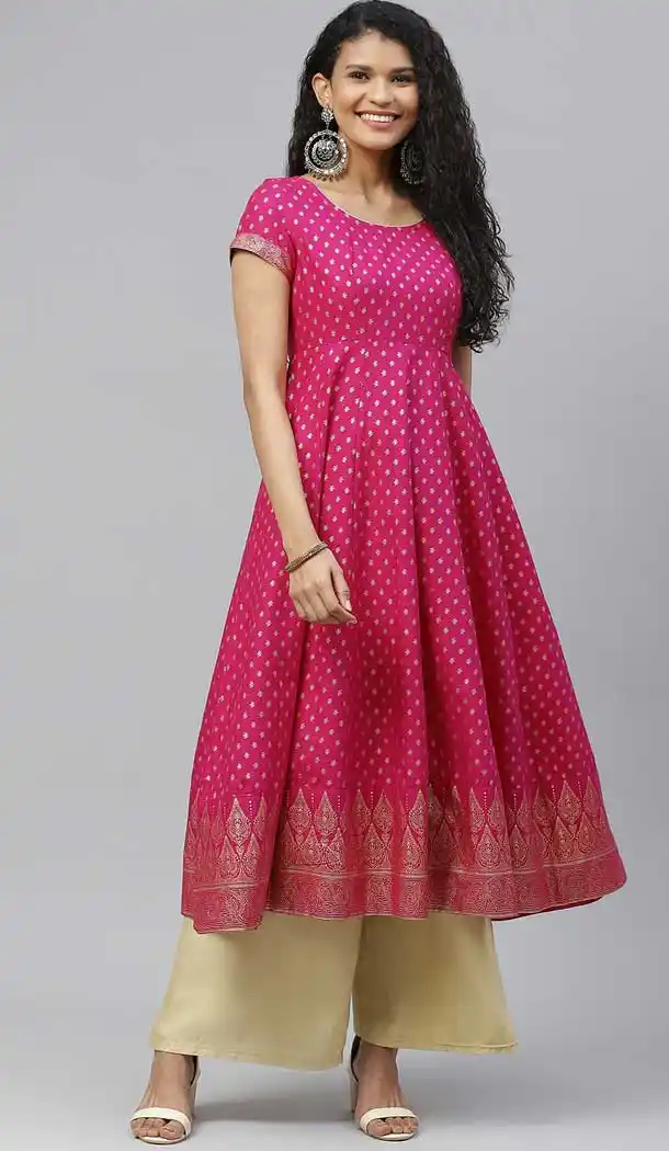 Dazzling Diva Pink Color Cotton Designer Party Wear Readymade Aanarkali Kurti -540122096