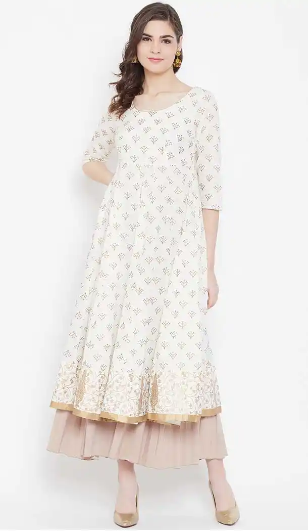 Off White Color Cotton Designer Party Wear Readymade Aanarkali Kurti -540122097