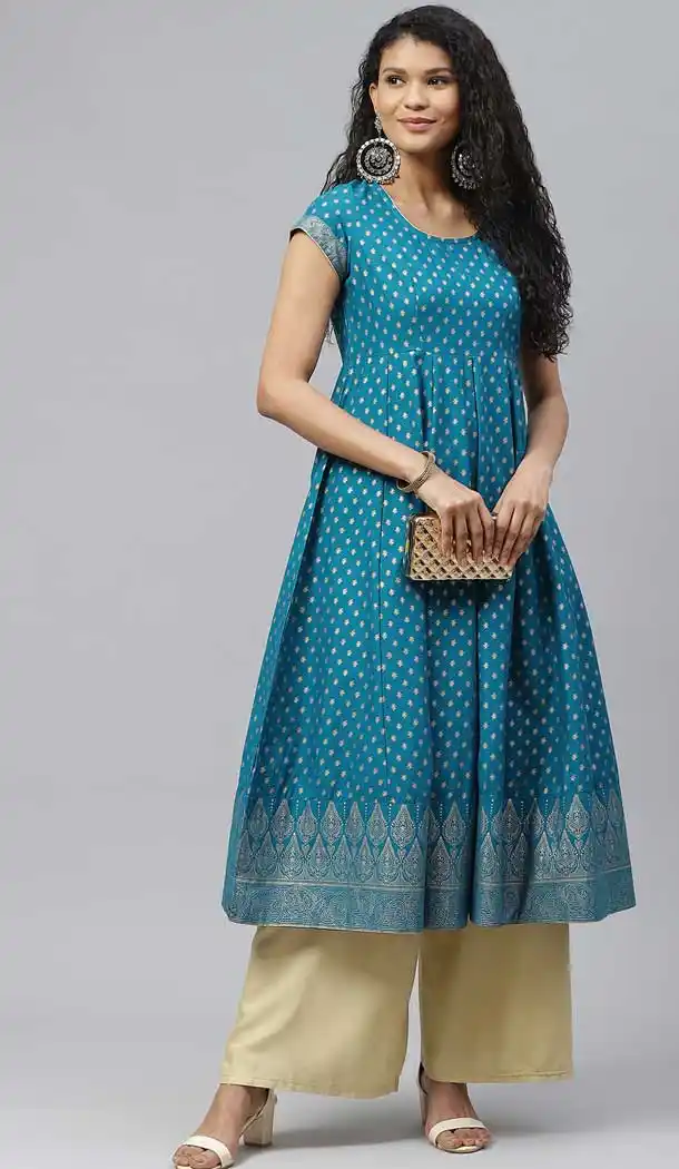 Luscious Turquoise Color Cotton Designer Party Wear Readymade Aanarkali Kurti -540122104