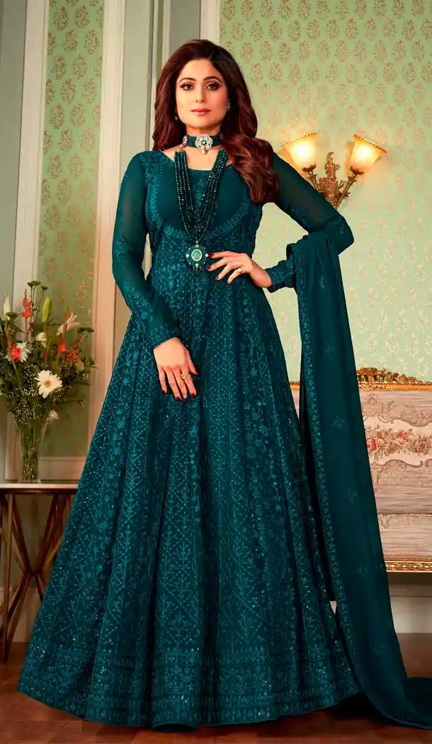 Aqua Blue Color Georgette Designer Party Wear Anarkali Salwar Suit -542122117