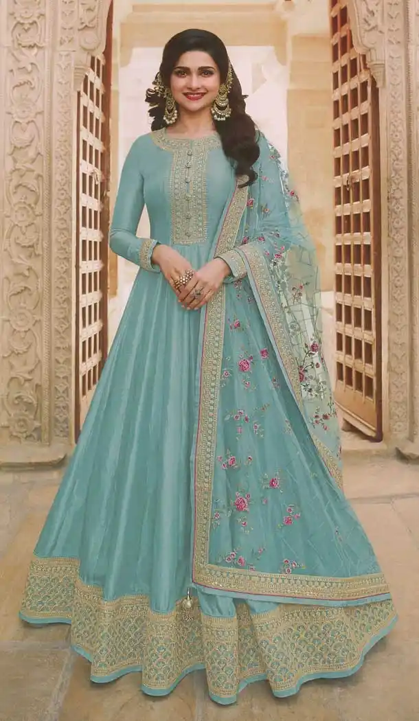 Prachi Desai Peach Sky Blue Color Dola Silk Designer Anarkali Salwar Suit -543122124
