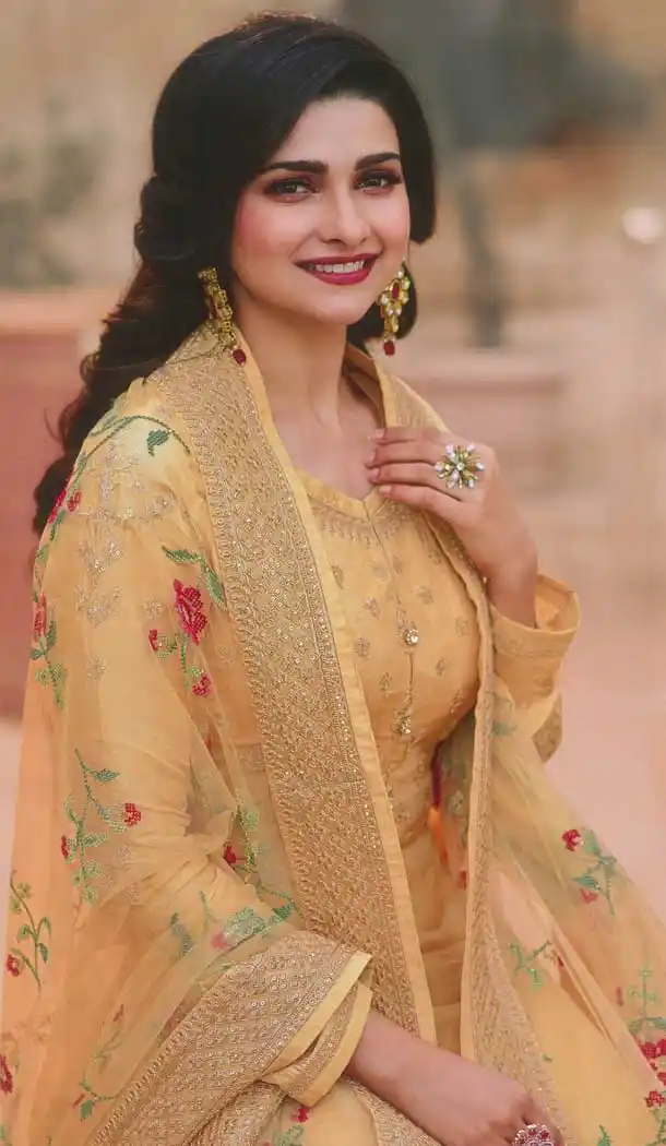 Prachi Desai Yellow Color Dola Silk Designer Anarkali Salwar Suit -543122126