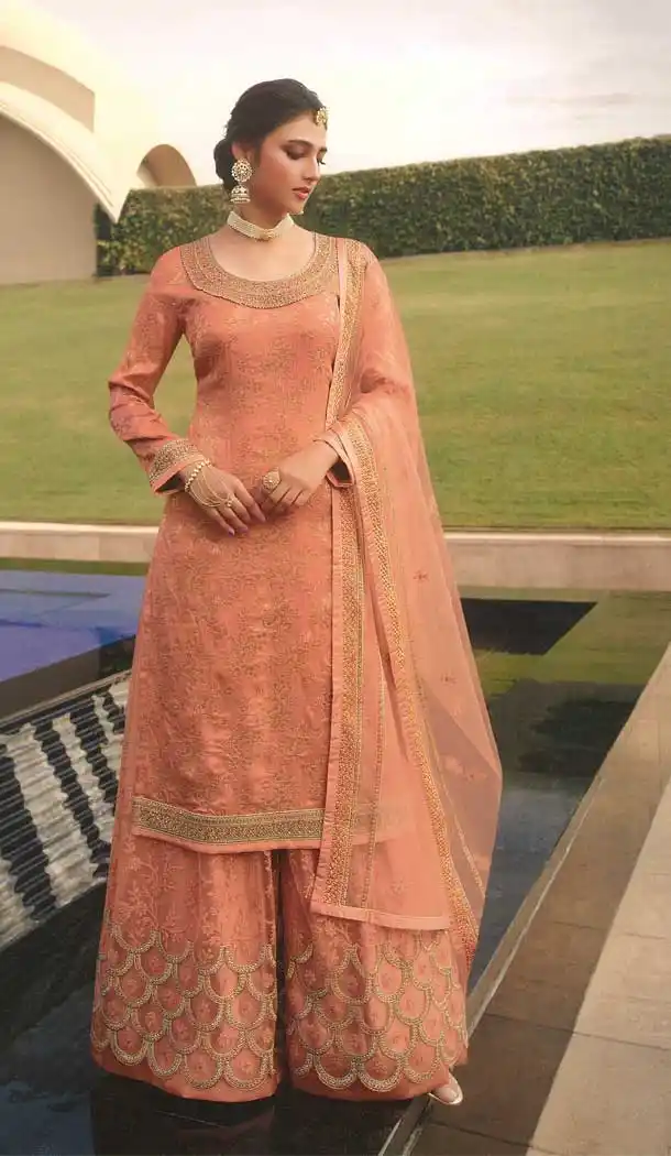 Peach Color Dola Jacquard Designer Party Wear Palazzo Salwar Suit -544122128