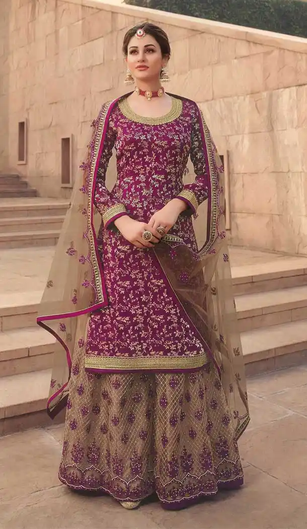 Dark Magenta Color Dola Jacquard Designer Party Wear Palazzo Salwar Suit -544122129