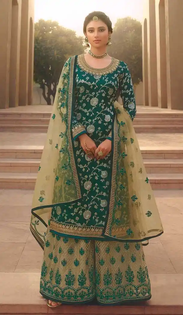 Green Color Dola Jacquard Designer Party Wear Palazzo Salwar Suit -544122130