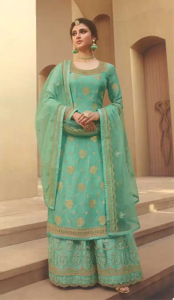 Sea Green Color Dola Jacquard Designer Party Wear Palazzo Salwar Suit -544122132