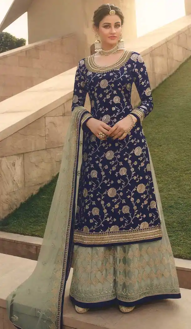 Blue Color Dola Jacquard Designer Party Wear Palazzo Salwar Suit -544122133