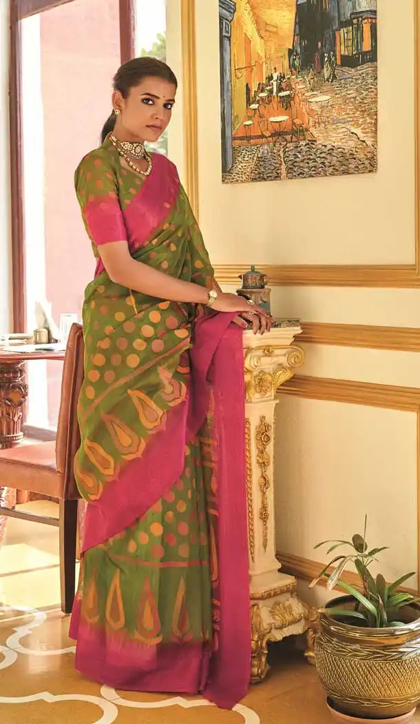 Green Color Cotton Brasso Designer Casual Office Wear Saree -556122230