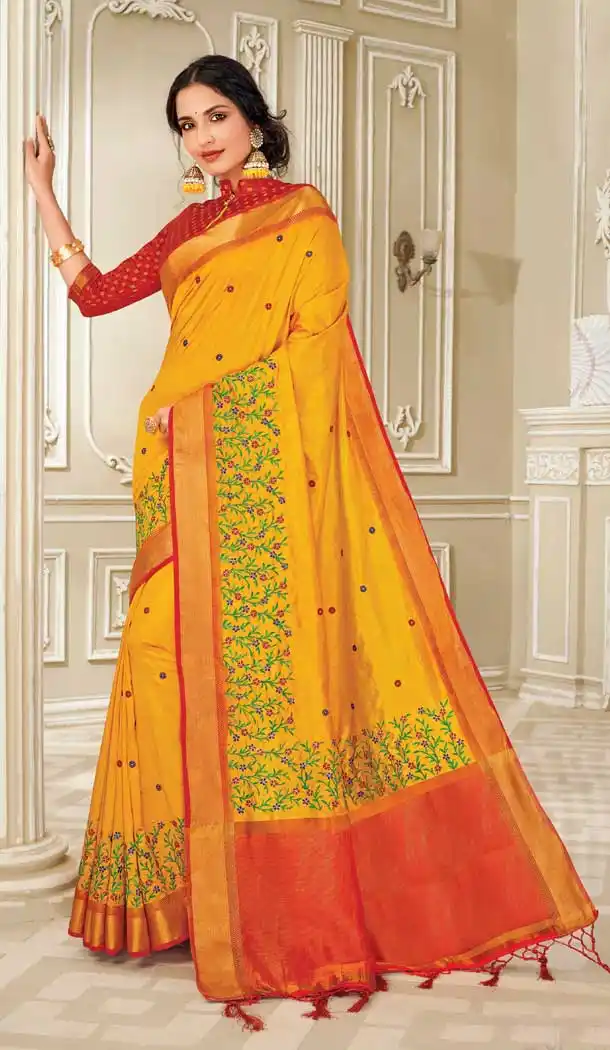 Yellow Color Raw Silk Traditional Party Wear Women Saree Blouse -552122196