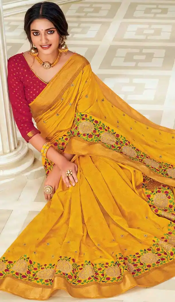 Yellow Color Raw Silk Traditional Party Wear Women Saree Blouse -552122199