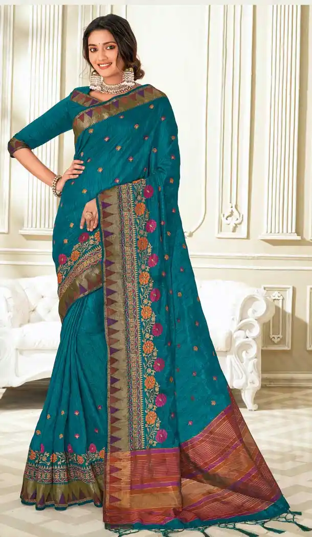 Teal Blue Color Raw Silk Traditional Party Wear Women Saree Blouse -552122205