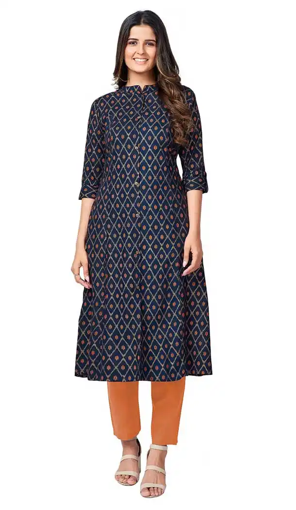 Navy Blue Color Cotton Designer Casual Party Wear Readymade Kurti -562122285