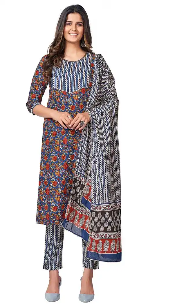 Gleaming Blue Color Cotton Printed Casual Office Party Wear Salwar Kameez -88857534