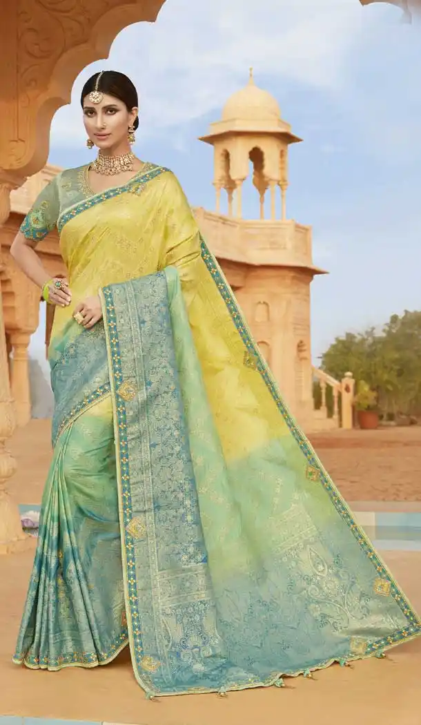 Yellow Green Color Dola Silk Designer Traditional Wedding Wear Saree Blouse -88897572