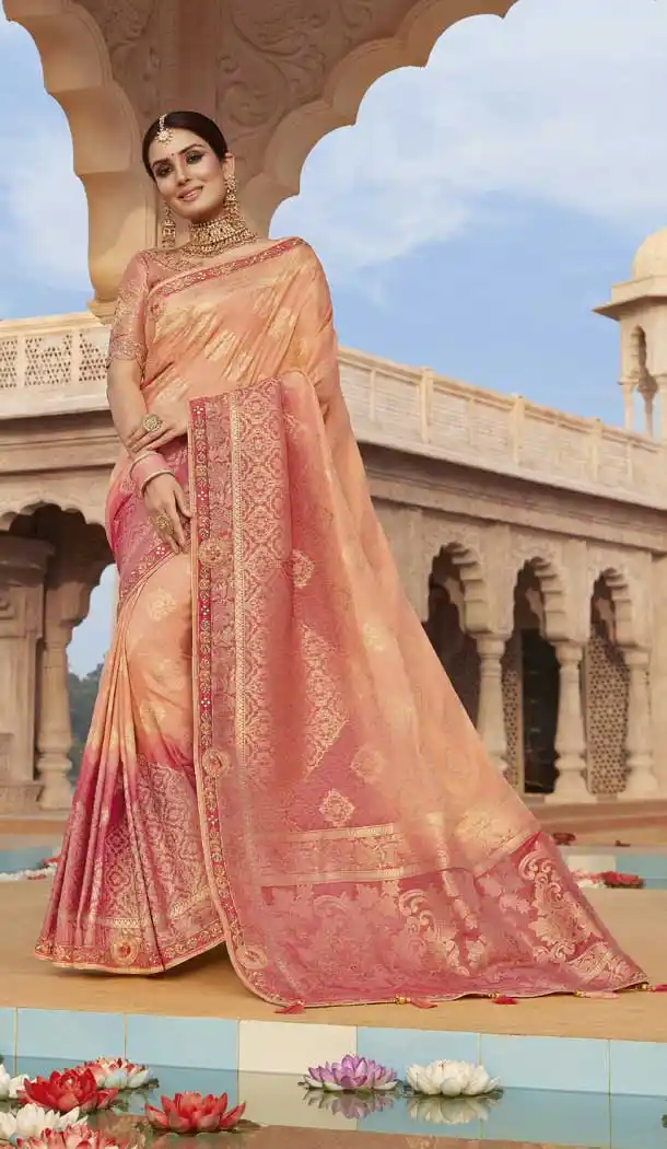 Peach Color Dola Silk Designer Traditional Wedding Wear Saree Blouse -88897576