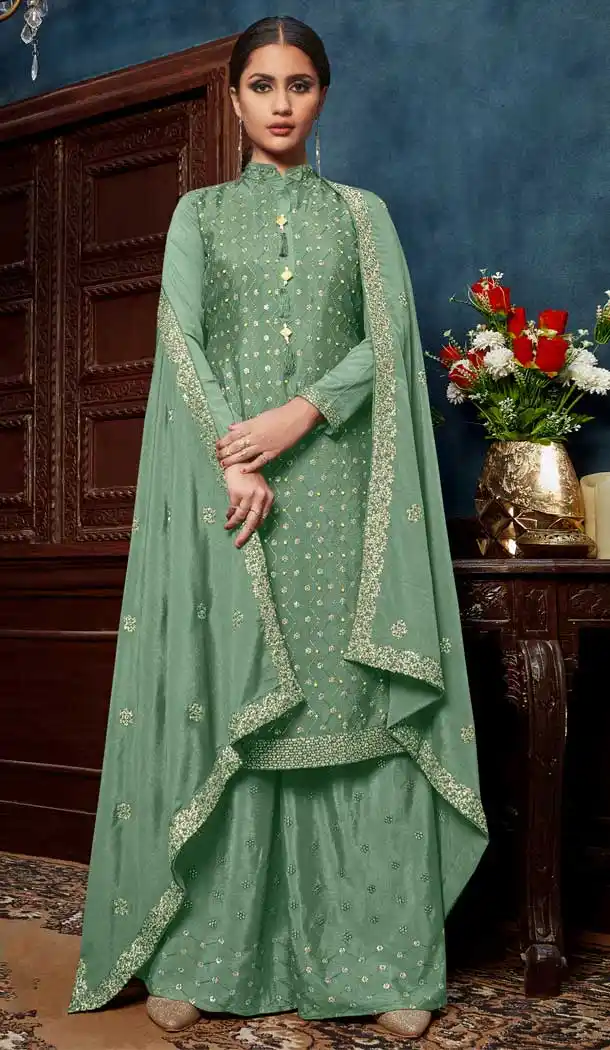 Green Color Chinon Embroidery Party Wear Palazzo Salwar Kameez -88947602