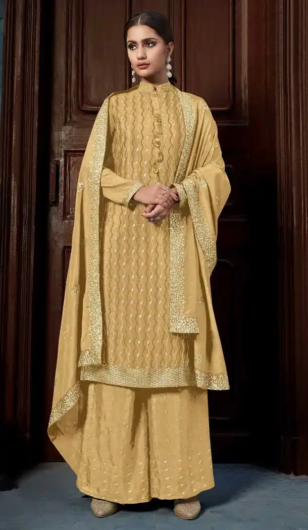 Beige Color Chinon Embroidery Party Wear Palazzo Salwar Kameez -88947603