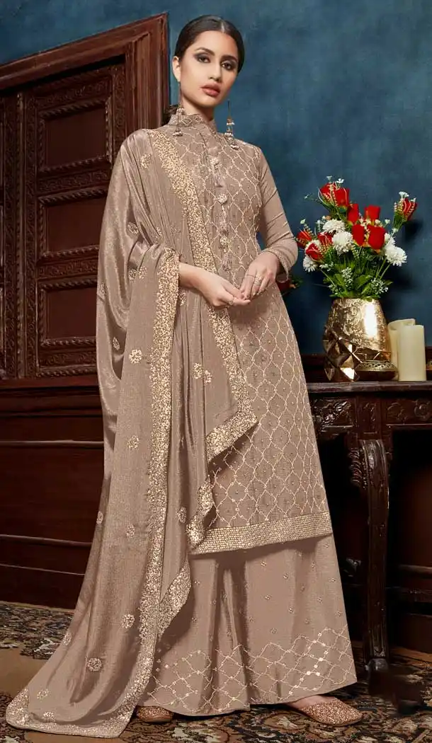 Brown Color Chinon Embroidery Party Wear Palazzo Salwar Kameez -88947605