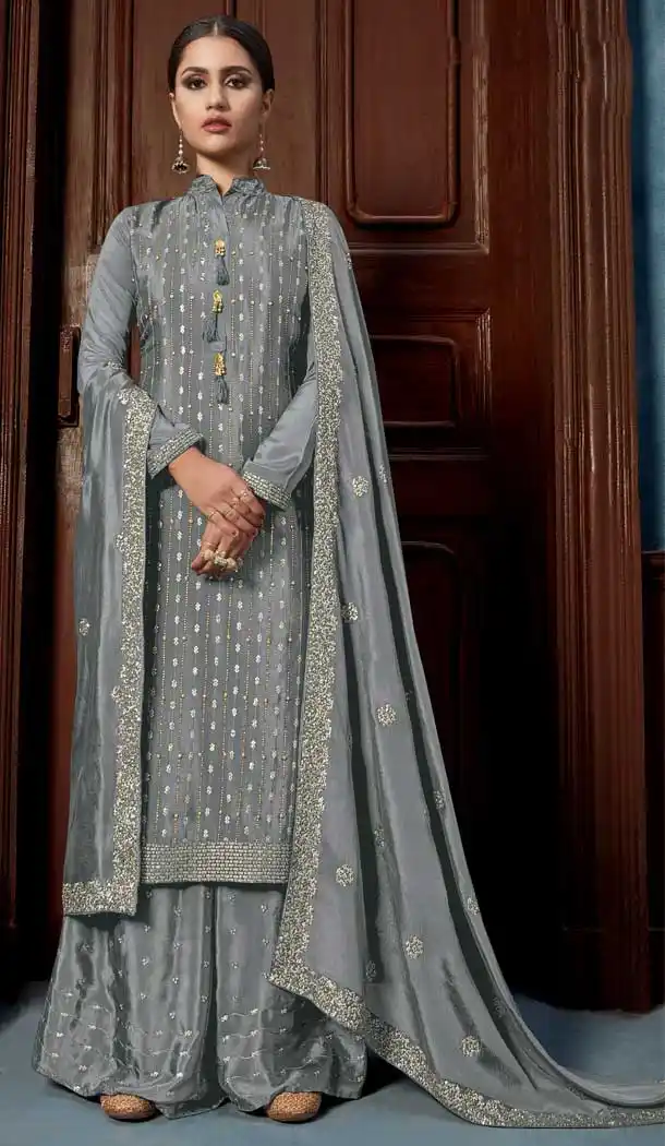 Grey Color Chinon Embroidery Party Wear Palazzo Salwar Kameez -88947607