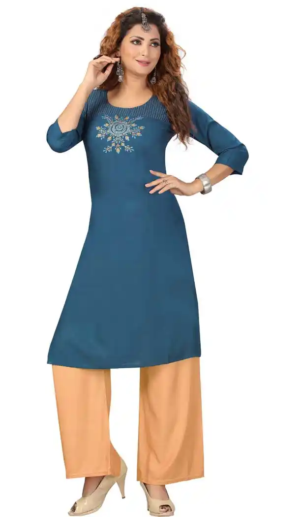 Blue Color Rayon Embroidered Readymade Designer Salwar Kameez -573122441