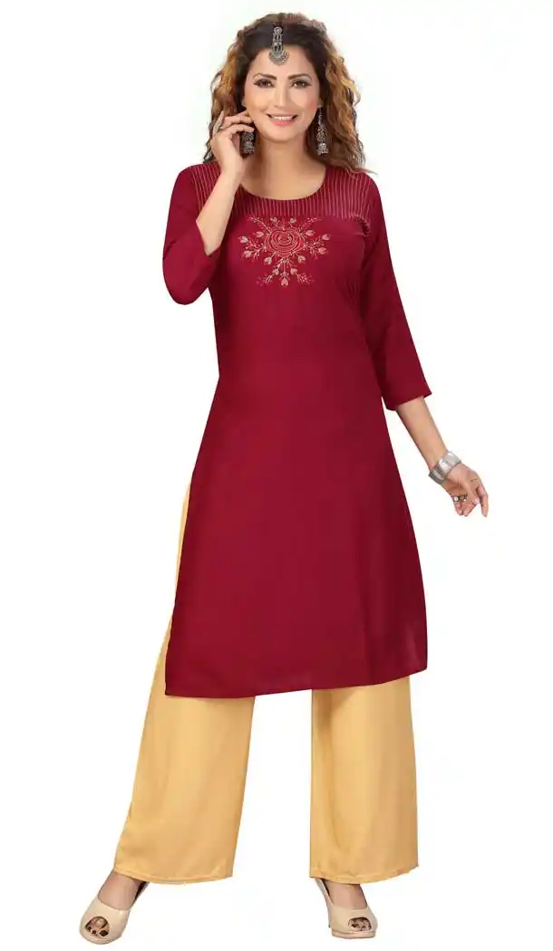 Maroon Color Rayon Embroidered Readymade Designer Salwar Kameez -573122442